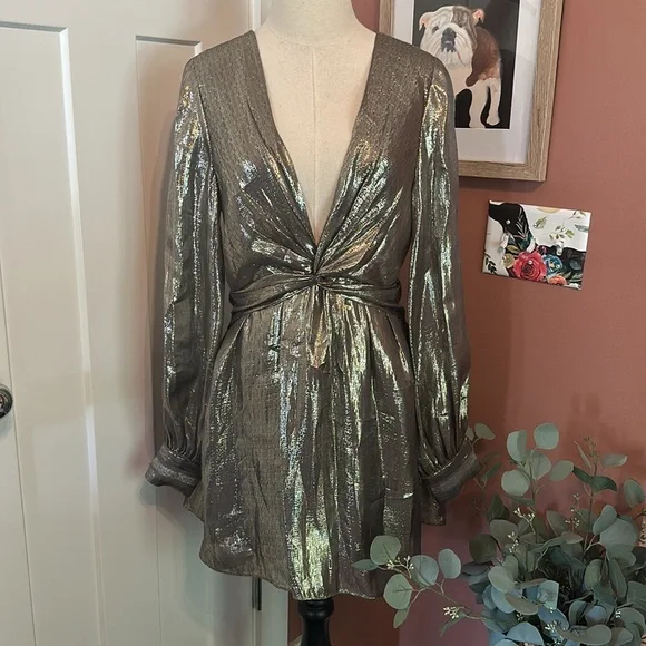 Ramy Brook Elise mini deep V plunge mini silk metallic draped lined 6 dress - Picture 3 of 15